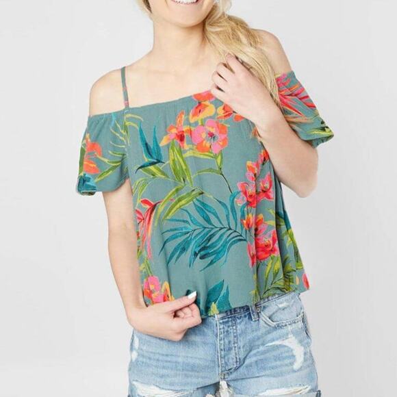 NEW Billabong Summer Nights Cold Shoulder Top Jungle Floral Blue Size Small - Picture 1 of 5